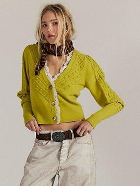 Free People Lace SoftSpun Long Sleeve Cardigan Green